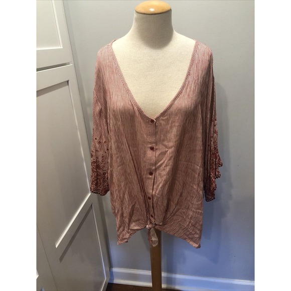 Dylan Ryan Top Womens Size 3xShort Sleeve Boho Button Tie Front Embroidered Rust - Picture 1 of 8